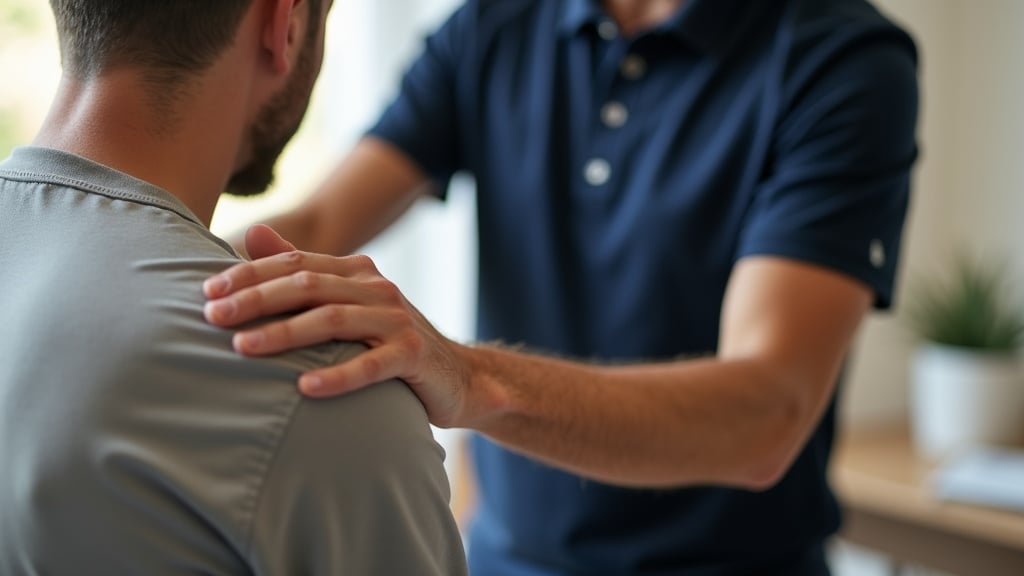 Chiropractor in navy polo placing hands on a seated patient's shoulder during consultation
