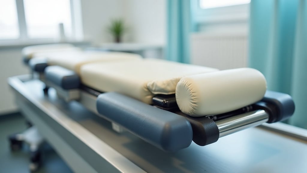 Spinal decompression therapy table — padded headrest, lumbar harness, computer-controlled motor